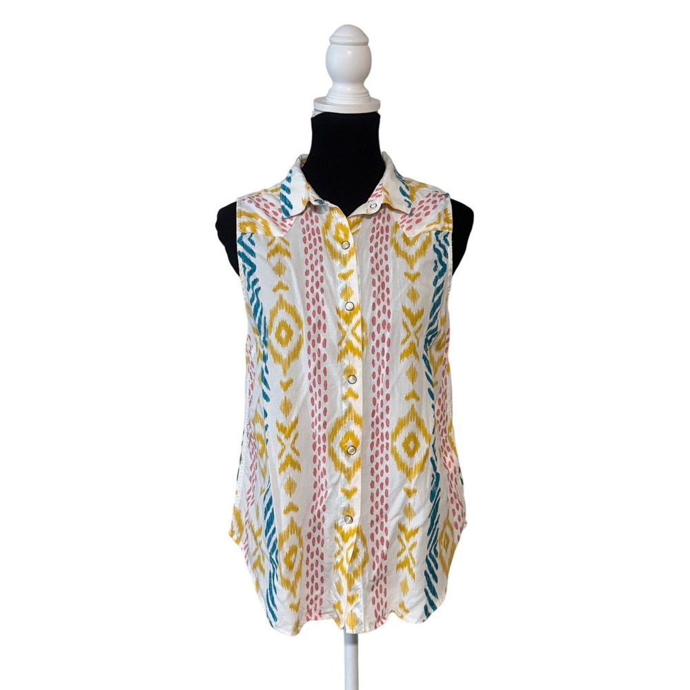 Ariat Womens Med Sleeveless Pearl Snap Shirt Southwestern Ikat Western Ranch Top